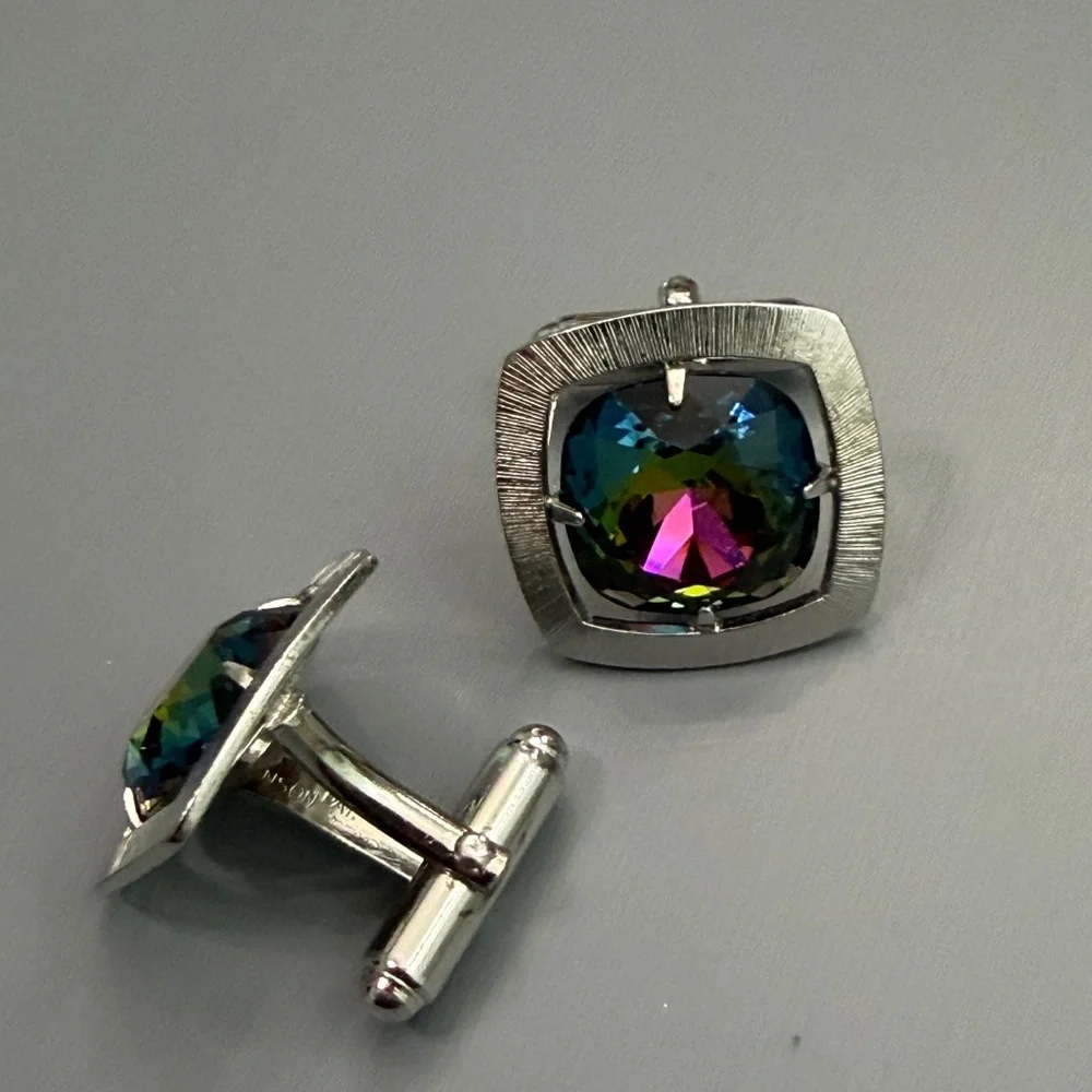Vintage Anson Silver Set Watermelon Rhinestone Mid Century Modern Cufflinks